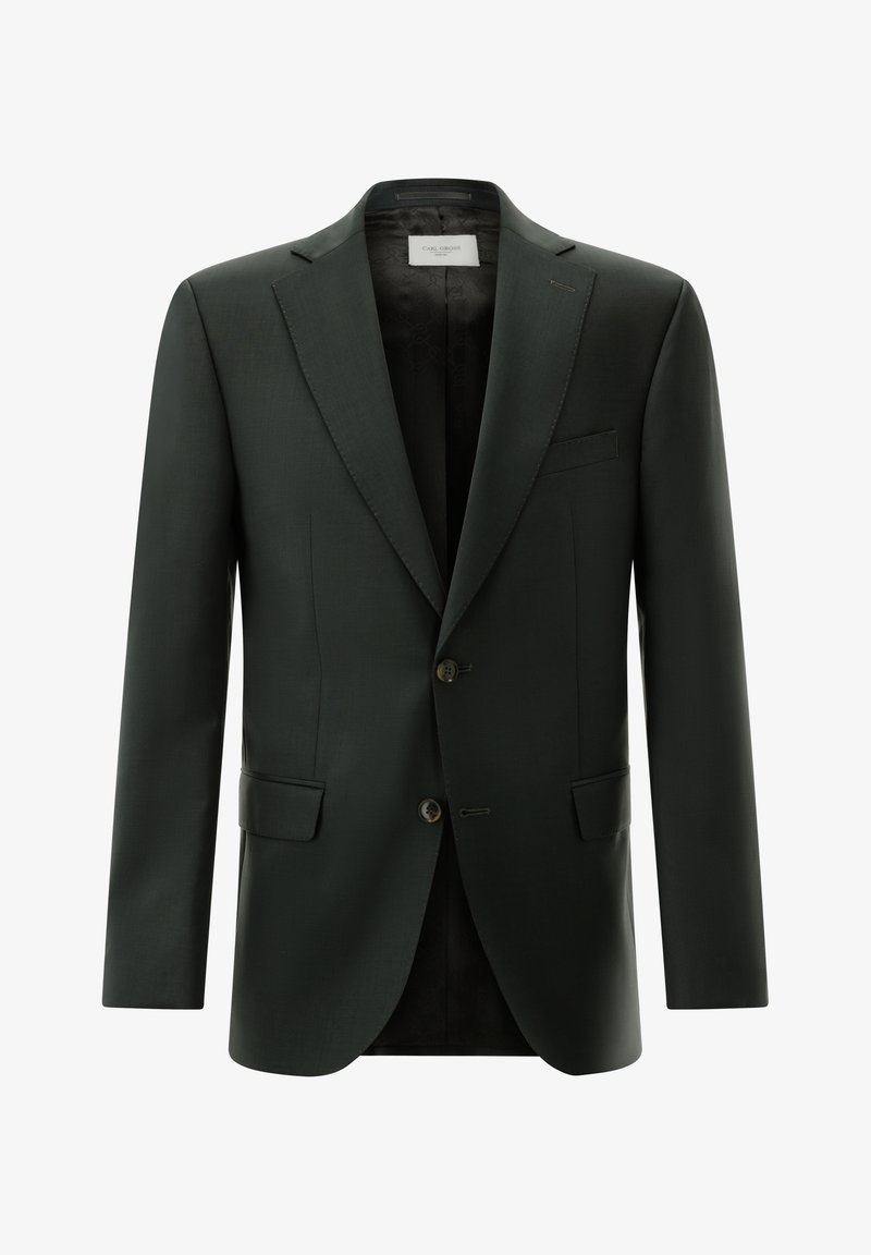 Dark green blazer made of smooth fabric; features notched lapels, two buttons, and two front pockets. Interior is black with subtle pattern.