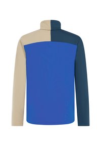 Giacca color block con sezioni blu, beige e verde scuro. Collo alto, maniche lunghe e una texture liscia.