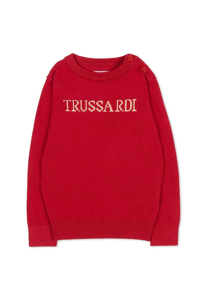Maglione rosso con collo rotondo, maniche lunghe e design a maglia. "TRUSSARDI" è in evidenza in beige sul petto.