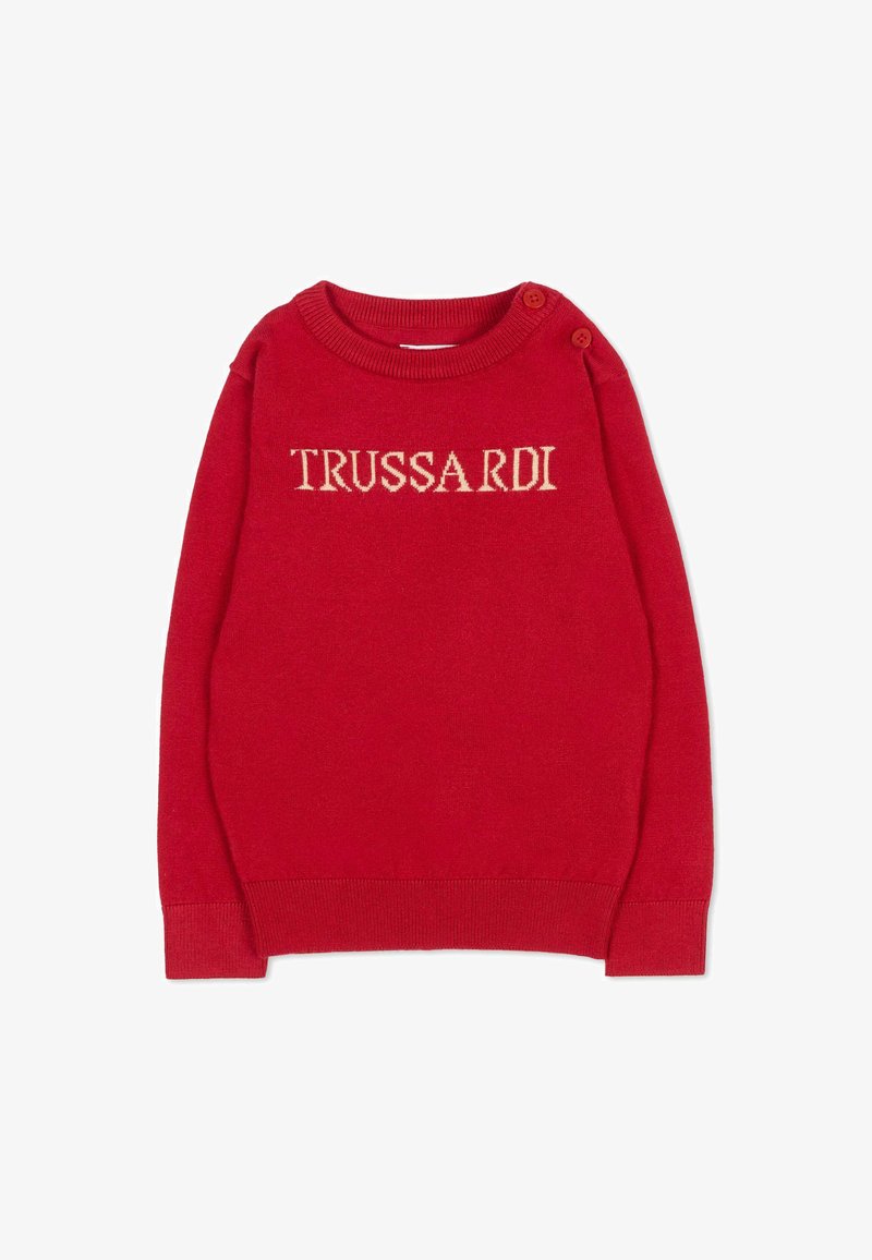 Maglione rosso con collo rotondo, maniche lunghe e design a maglia. "TRUSSARDI" è in evidenza in beige sul petto.