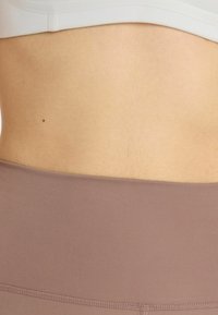 Hellgrauer BH und brauner Taillenbund mit hohem Bund, beide aus weichem, glattem Stoff gefertigt. Auffällige Details sind dezente Nähte entlang des Bundes.