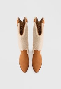 Stivali in suede marrone con parte superiore in shearling beige, punta rotonda e design a V sulla parte superiore, caratterizzati da una texture liscia e hardware minimale.