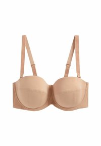 Beige underwire bra with smooth fabric, contoured cups, adjustable straps, and a seamless back design. No embellishments or patterns.