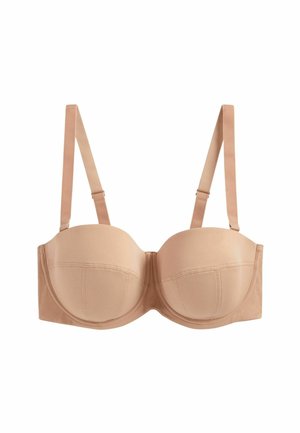 Beige onderwire bh met gladde stof, vormgegeven cups, verstelbare bandjes en een naadloos achterkantontwerp. Geen versieringen of patronen.