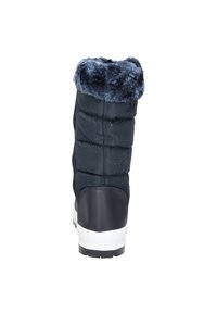 Zwarte geïsoleerde laars met een gestructureerd, puffy ontwerp, een nepleren kraag en een witte rubberen zool. Bevat subtiele decoratieve accenten aan de zijkant.