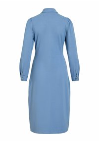 Robe midi bleu clair à manches longues, col, taille cintrée et manches avec poignets boutonnés, vue de dos.