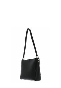 Sac épaule en cuir noir avec une seule bandoulière, forme rectangulaire, texture lisse et garnitures métalliques dorées sur le côté.