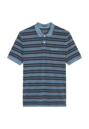 Blauwe gestreepte polo met afwisselend donkere en lichte strepen, korte mouwen, een kraag en een knoopsluiting met twee knopen. Bevat geborduurd logo.