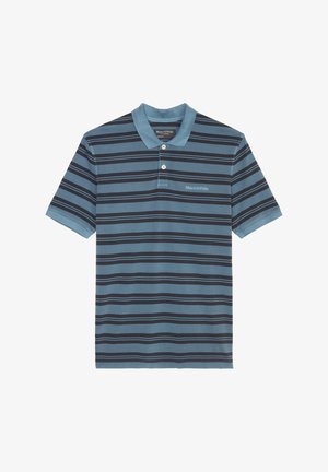 Blauwe gestreepte polo met afwisselend donkere en lichte strepen, korte mouwen, een kraag en een knoopsluiting met twee knopen. Bevat geborduurd logo.