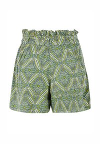 Shorts à motifs verts avec une taille élastique et volants. Présente des motifs complexes en blanc et jaune, fabriqués en tissu léger.