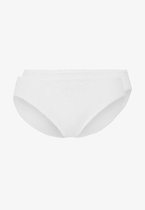 Valged puuvillased aluspüksid, millel on sujuv disain, dekoratiivne muster ees ja pehme elastne vöökoht.