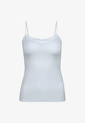 Camicetta bianca senza maniche con scollo a V, realizzata in tessuto liscio. Presenta sottili spalline e una siluetta aderente.