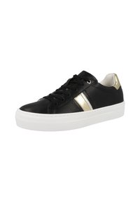 Sneaker in pelle nera con strisce laterali oro e bianche, suola in gomma bianca, punta arrotondata e design con lacci caratterizzato da dettagli perforati.