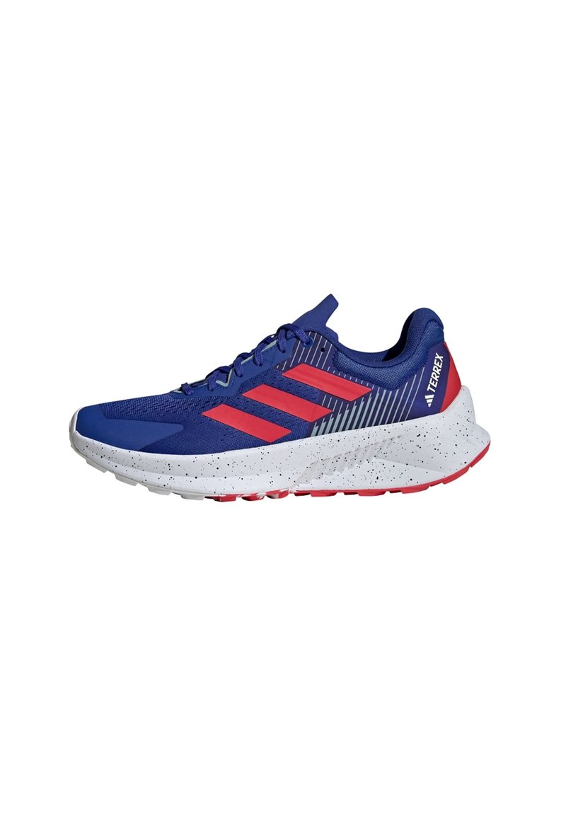 Blue athletic shoe with red accents, mesh upper, three-stripe design, speckled white midsole, and red outsole. Rubber tread for traction.