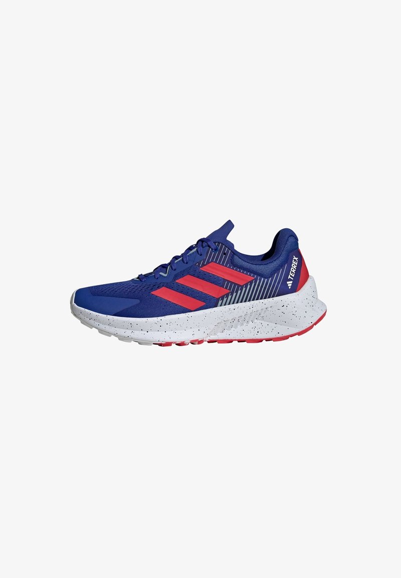 Blue athletic shoe with red accents, mesh upper, three-stripe design, speckled white midsole, and red outsole. Rubber tread for traction.