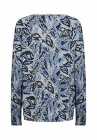 Pull à manches longues avec un motif floral bleu et marine sur fond gris clair. Texture douce avec des poignets et un ourlet côtelés.