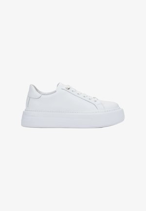 White low-top sneaker with thick platform sole, lace-up front, and smooth leather upper, shown from the outer side on a white background.