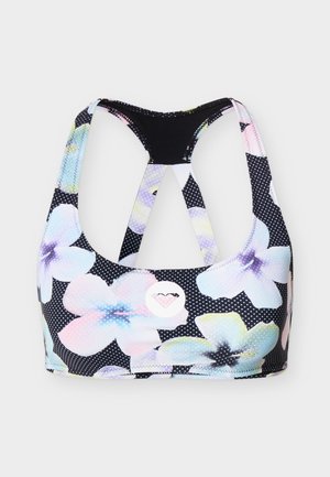 Black sports bra with pastel floral pattern, small white polka dots, and racerback straps featuring a round logo on the front.