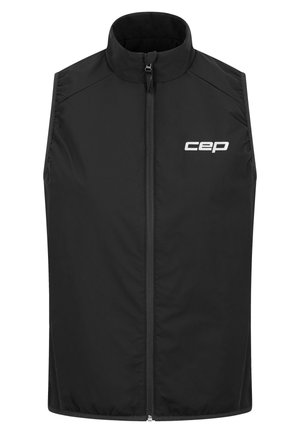 Schwarze ärmellose Weste aus glattem Stoff. Verfügt über einen hohen Kragen und einen vorderen Reißverschluss. "cep" Logo in Weiß auf der linken Brustseite angezeigt.