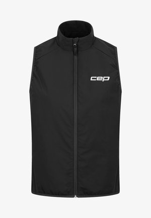 Schwarze ärmellose Weste aus glattem Stoff. Verfügt über einen hohen Kragen und einen vorderen Reißverschluss. "cep" Logo in Weiß auf der linken Brustseite angezeigt.