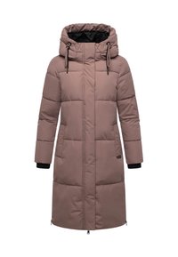 Lång mauvvaddad vinterjacka med huva, framzipper täckt av en klaff, två sidofickor och justerbara snören i huvan.