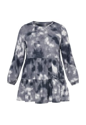 Szaroszara sukienka tie-dye z długimi rękawami, okrągłym dekoltem, warstwowym krojem i marszczonymi detalami. Wykonana z miękkiej tkaniny o lekkiej teksturze.