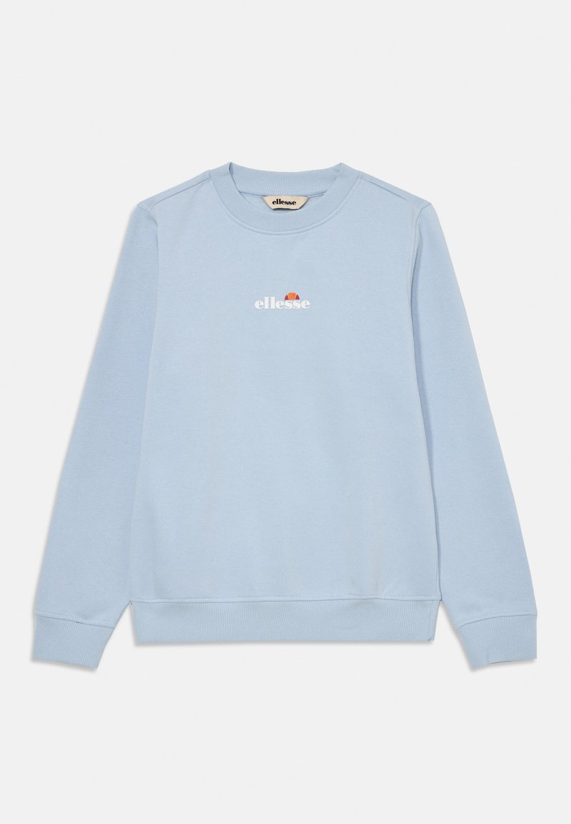 Sudadera de cuello redondo de manga larga en azul claro con puños y cinturilla acanalados, con el logo de ellesse en blanco y naranja en el pecho.