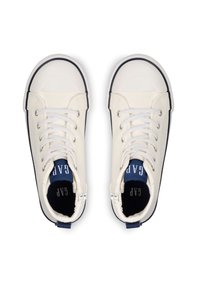 Witte canvas hoge sneakers met marineblauwe accenten, afgeronde rubberen neus en witte veters. Bevat een logo label aan de binnenkant van de schoen.