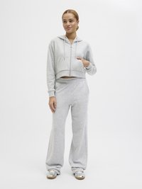 Light gray cropped hoodie with a zip front and front pocket, paired with matching loose-fit pants. Model wears shiny silver sneakers.