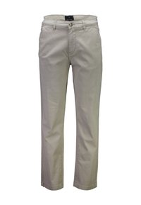 Beżowe bawełniane spodnie o prostym kroju, wyposażone w zapięcie na guzik, szlufki na pasek oraz przednie kieszenie. Gładka faktura z minimalną ilością detali.