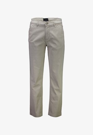 Beige bomullsbyxor med raka ben, försedda med knappstängning, bälteshällor och framfickor. Slät textur med minimal detaljering.