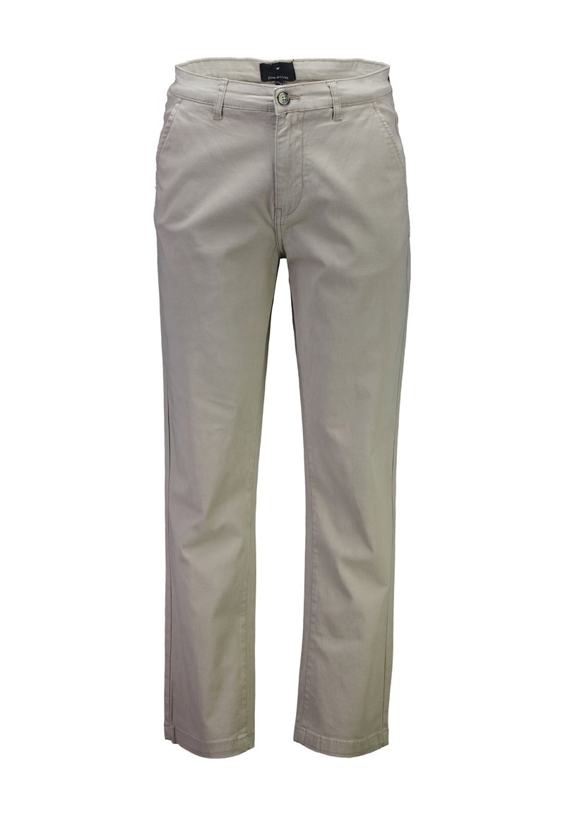 Beżowe bawełniane spodnie o prostym kroju, wyposażone w zapięcie na guzik, szlufki na pasek oraz przednie kieszenie. Gładka faktura z minimalną ilością detali.