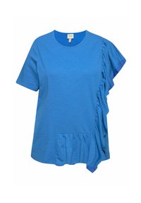 Modrá tričko vyrobené z měkké látky, se短kým rukávem, volánkovými detaily po stranách a nabíraným lemem pro příjemnou texturu.