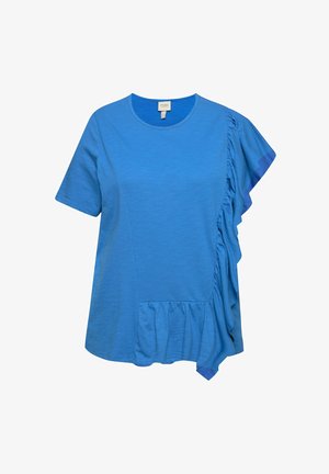 Blaues Baumwoll-T-Shirt mit Rundhalsausschnitt, kurzen Ärmeln und dekorativen Rüschen auf einer Seite mit gerafftem Saumdetail.