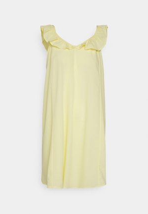 Vestido amarelo sem mangas feito de tecido suave, com um decote com volantes, um corte em forma de V e uma silhueta descontraída.