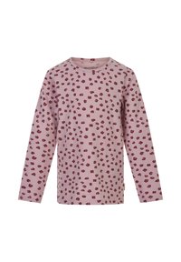 Lange mouw roze shirt met een geribde textuur, voorzien van een herhaald maroon luipaardpatroon. Ronde halslijn en etiket aan de zijkant.