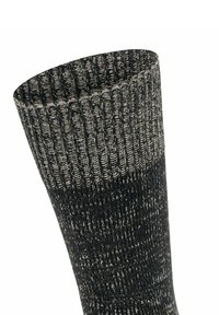 Gestrickte Socke in Dunkelgrau mit einem gerippten Bündchen, das ein strukturiertes Muster aufweist und durch den gesamten Entwurf hellere Sprenkel für zusätzliche Details enthält.