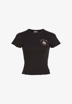 Μαύρο κοντομάνικο μπλουζάκι με ριμπ ύφανση, ριγέ τελειώματα στα μανίκια και φλοράλ σχέδιο με το κείμενο "O'Neill Surf Company" σε λευκό χρώμα.