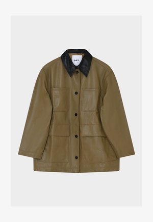 Brown leather jacket with a black collar, featuring four front pockets, hidden button closure, and a smooth texture. Label reads "DAY."