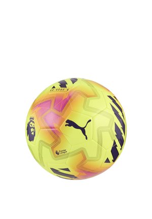 Pallone da calcio Premier League di colore giallo brillante con accenti viola e arancioni e il logo del leone della Premier League.