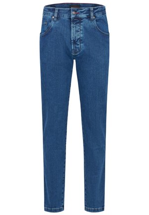 Blaue hoch-taillierte gerade Jeans mit frontalem Knopf- und Reißverschluss, zwei Fronttaschen und Gürtelschlaufen.