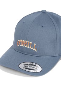 Blue adjustable cap with embroidered "O'Neill" logo in orange, structured crown, curved visor, and textured fabric. Includes brand label.