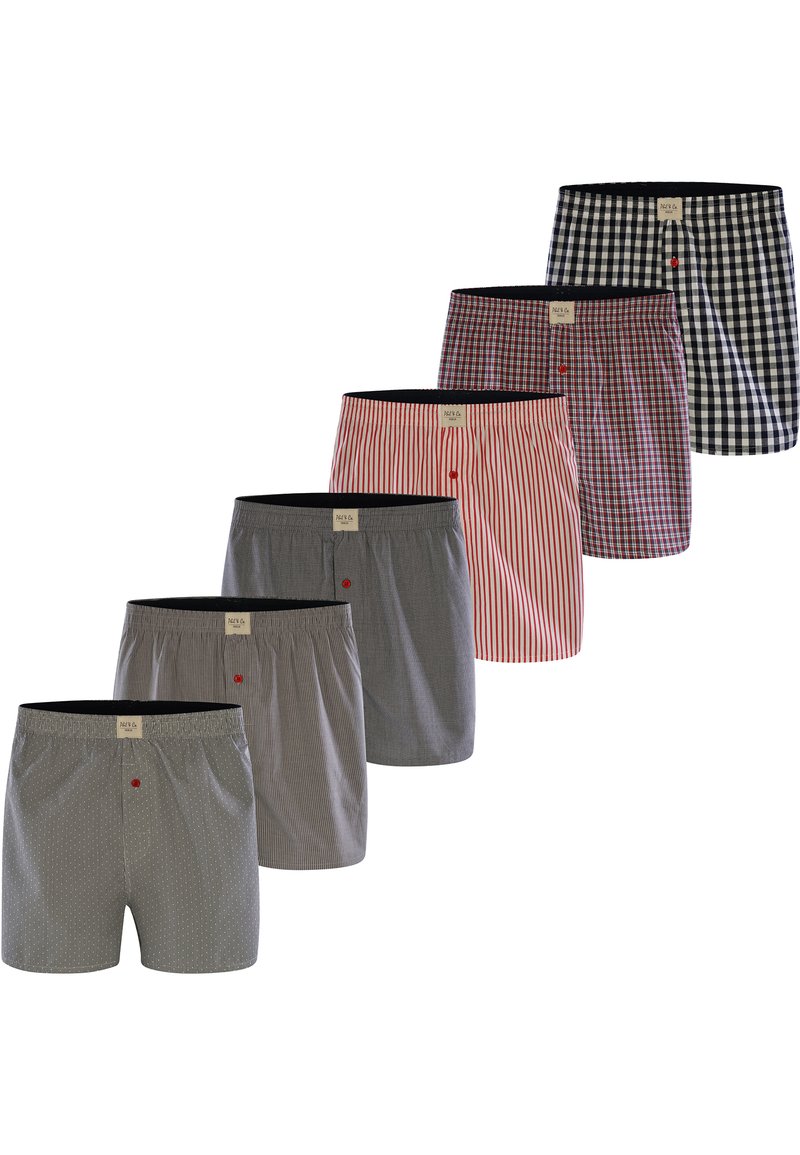 Set di sei boxer da uomo in vari design: grigio a pois, righe rosse, scacchi neri e altro ancora. Caratterizzati da una cintura elastica e bottone frontale.