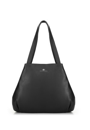 Schwarze Leder-Tote mit glatter Textur, zwei stabilen Griffen und einem dezenten Markenlogo, das auf der Vorderseite zentriert ist.