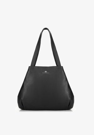 Borsa a mano in pelle nera con una superficie liscia, due manici robusti e un discreto logo del marchio centrato sul davanti.