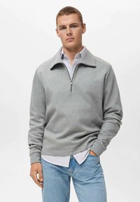 Grijze zip-up sweatshirt met een hoge kraag, met lange mouwen en een ontspannen pasvorm, gedragen over een lichtgestreept shirt en blauwe jeans.