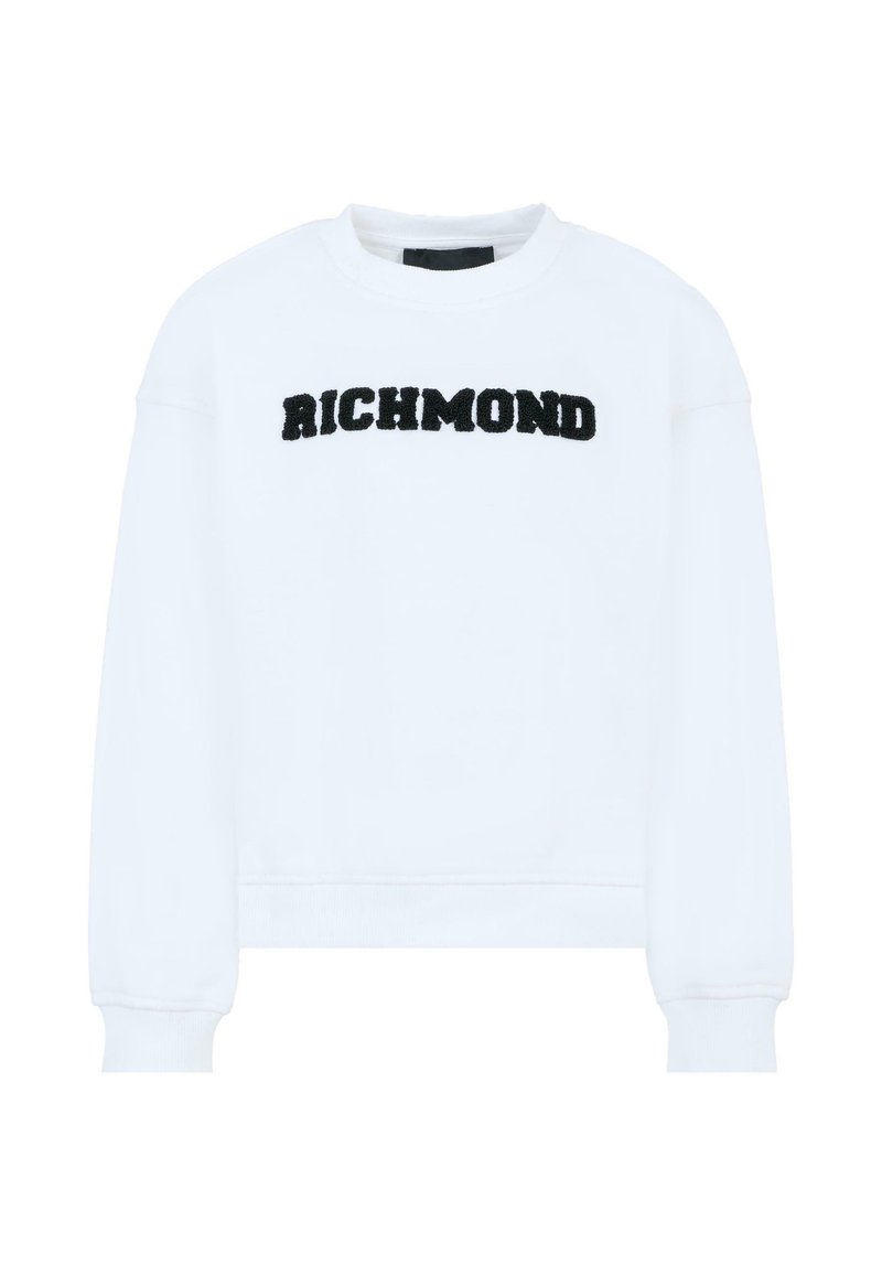 Felpa bianca con polsini e orlo a coste, caratterizzata da testo ricamato nero "RICHMOND" sulla parte anteriore. Tessuto morbido e liscio.