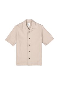 Korte mouwen overhemd met knoopsluiting in lichtbeige textuurstof, met een notch-kraag en bruine knopen aan de voorkant.