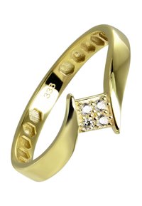 Bague en or avec une bande lisse, comportant un centre carré orné de quatre pierres claires. Accents texturés sur la partie intérieure de la bande.