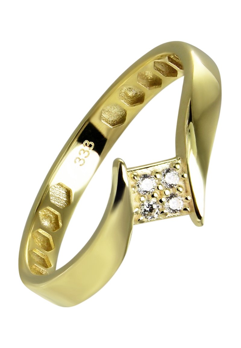 Bague en or avec une bande lisse, comportant un centre carré orné de quatre pierres claires. Accents texturés sur la partie intérieure de la bande.